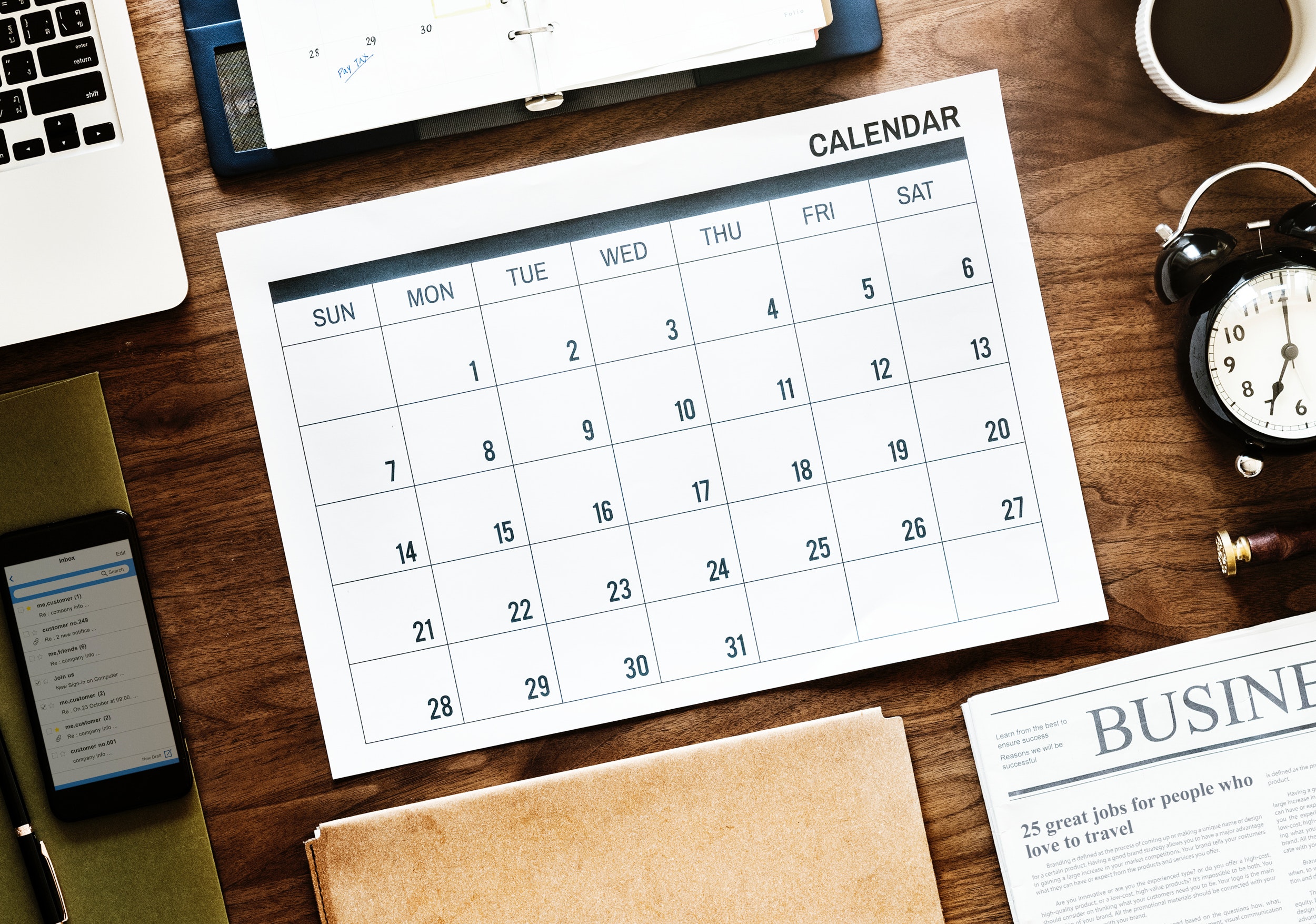 calendar sitting on wood desk