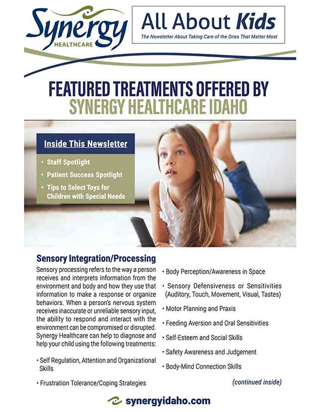 Front cover of Synergy's "All About Kids" April 2018 newsletter