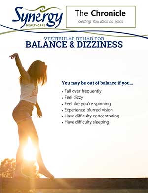 Front cover of Synergy's newsletter: Vesitbular Rehab for Balance and Dizziness